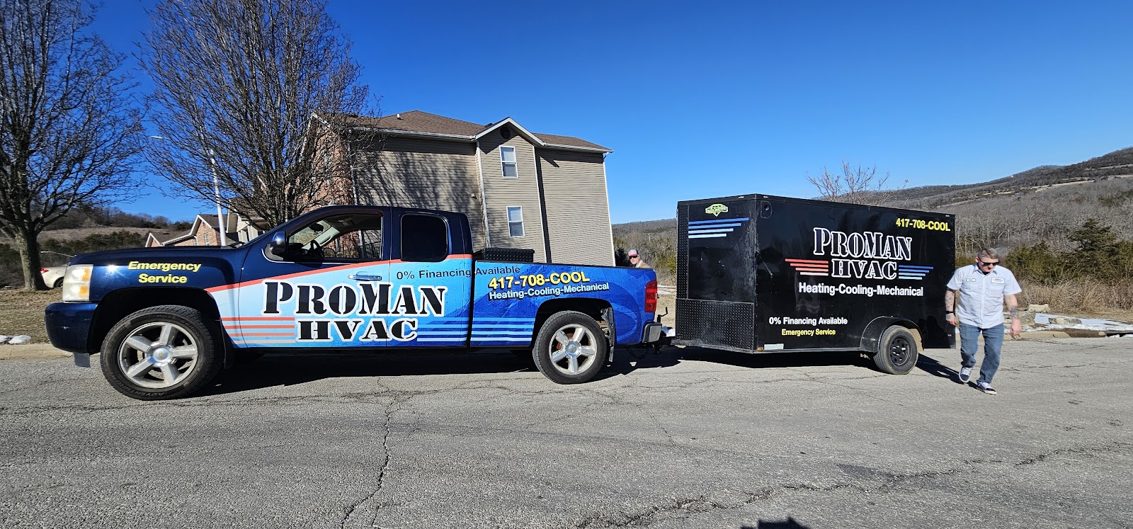 ProMan HVAC truck and trailer with branding.